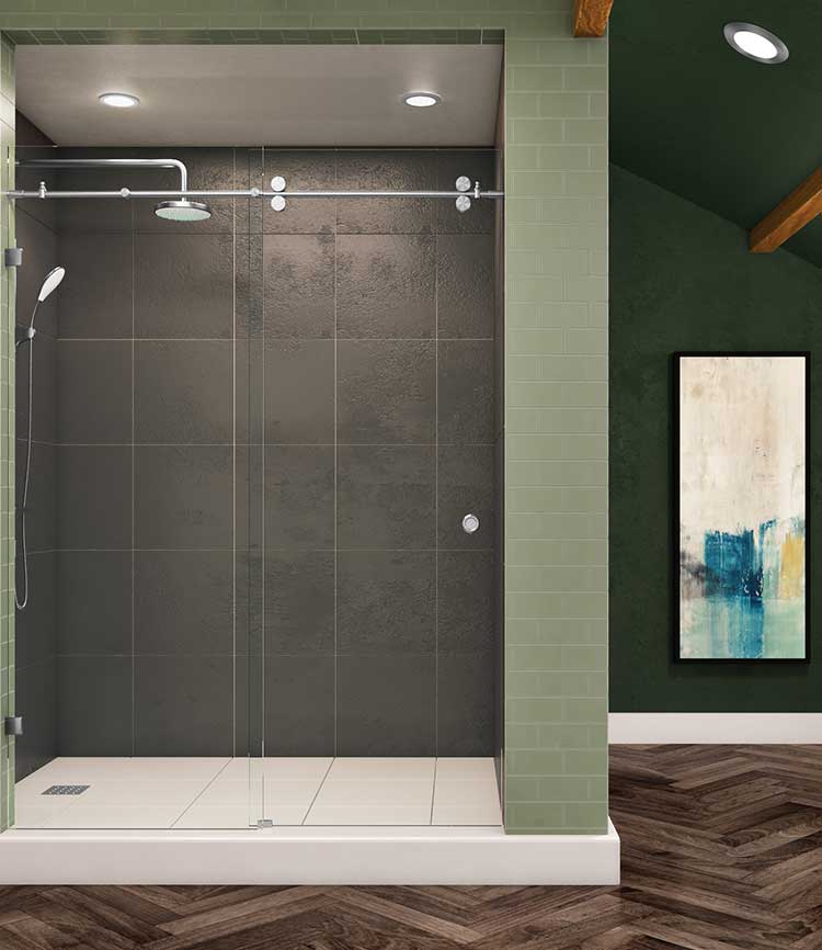 Skyline sliding door — Full view, Brushed Stainless