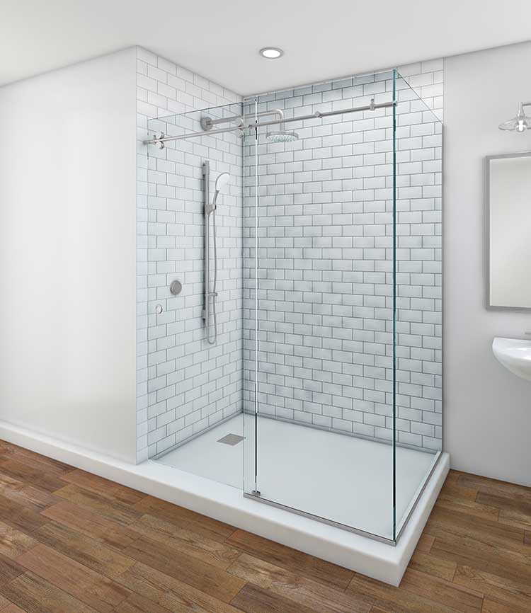 Skyline sliding door — U-channel, with glass return, Brushed Stainless